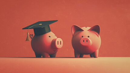 Two piggy banks, one with a graduation cap and the other without, against a red backdrop, depicting education funding - obrazy, fototapety, plakaty