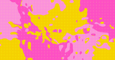 Colorful pink light hot yellow splashes. Square line notebook pattern. Back to school blank. Little dynamic dots on abstract background. Cartoon childish design style. Funny modern trendy art retro