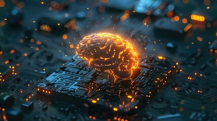 Big data and artificial intelligence concept. Human brain glowing from processor, symbolizing the fusion of human intelligence and machine learning capabilities AI generated