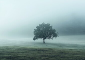 Lonely Tree in the Foggy Field