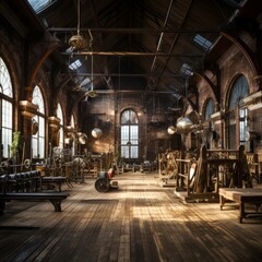 An empty vintage industrial building with brick walls and large windows