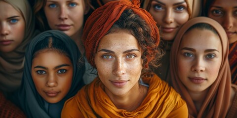 A group of diverse women of different ethnicities wearing traditional headscarves