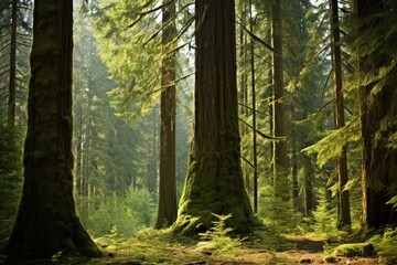 Obraz premium Green trees in a lush forest with sunlight shining through the canopy