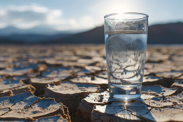a glass of water on cracked ground earth, concept of drought in nature and change of climate, environment wallpaper