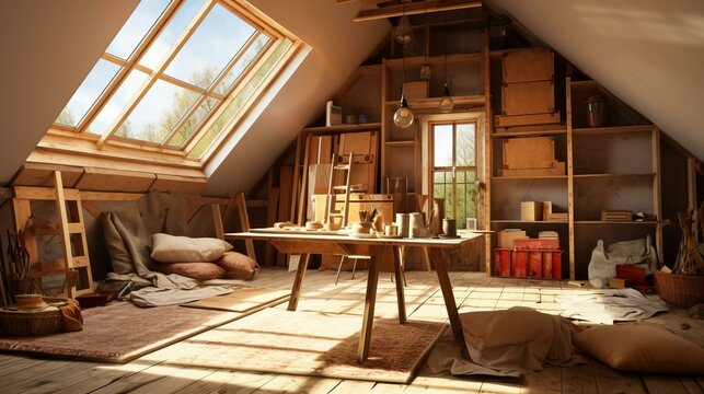 Cozy attic studio with natural sunlight