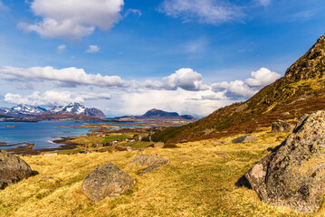 nature sceneries inside the area surroundings of Leknes, Lofoten Islands, Norway, during the spring season