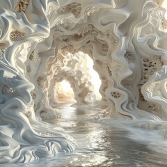 Surreal organic cave with a river flowing through it