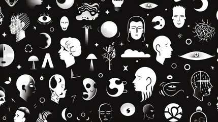 Monochrome mystical icons portraying spiritual and natural concepts