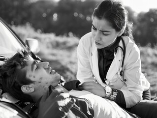 Female doctor working to save man's life after a car accident