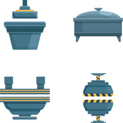 Press machine icons set cartoon vector. Industrial automatic press form machine. Industry, metallurgy