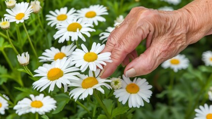 Hand reaching out to touch delicate daisies in a sunlit field on a serene and beautiful day