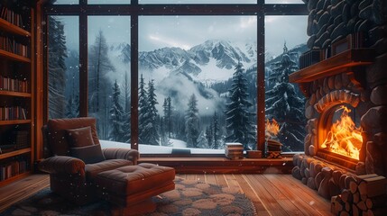 Peaceful Cabin Escape with Mystery Novels and Snowy Scenery, generative ai