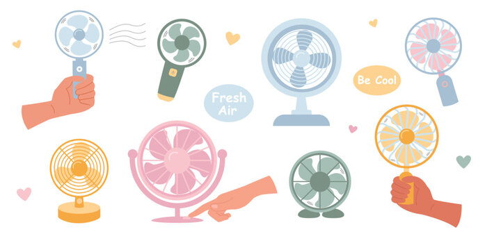 Set of table fan hand fan in flat style. Vector illustration. Fan in hand.