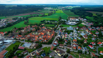 Aerial view of the city Lichtenau in spring on a cloudy day