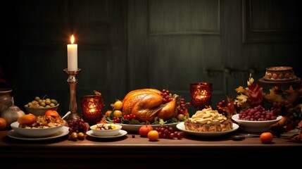 Thanksgiving dinner table with roasted turkey, mashed potatoes, and other traditional food
