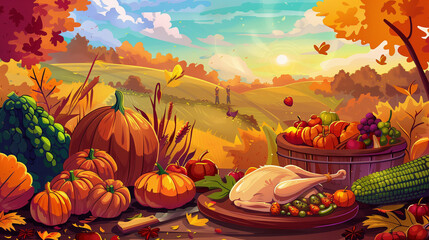 autumn landscape with pumpkins and trees thanksgiving illustration
