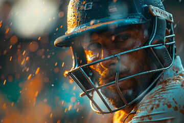 Dynamic ICC World T20 cricket action shot as batsman strikes a powerful six .Close up of baseball player in electric blue helmet - Powered by Adobe