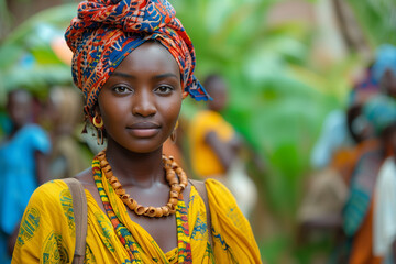 Fototapeta premium Workshop on financial literacy and empowerment for marginalized communities .A woman with a turban and necklace smiles at the camera