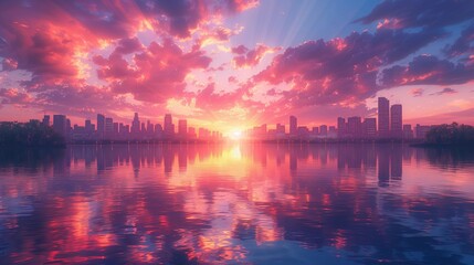 Fototapeta premium Urban Mirage: Reflections of Twilight, generative ai