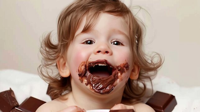 Young girl enjoying eating chocolate with a messy face, savoring a delightful moment