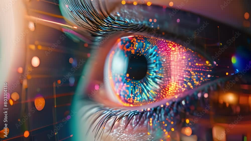 Poster A macro shot capturing the intricate details of an eye blended with glowing digital patterns.