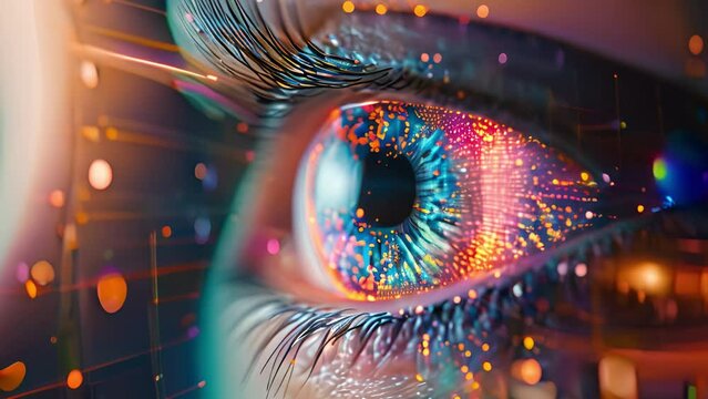 A macro shot capturing the intricate details of an eye blended with glowing digital patterns.