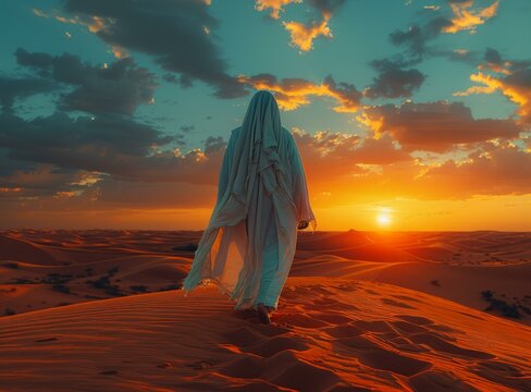 Man in white robe walking in desert at sunset