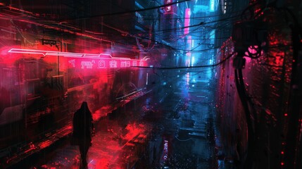 Futuristic tunnel in vivid neon colors depicting an advanced cyberpunk cityscape