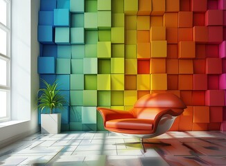 vibrant and colorful 3d rendering of a room with a rainbow wall and a chair