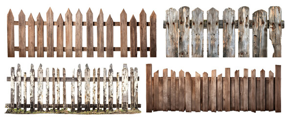 Set of old rustic wooden fences, cut out