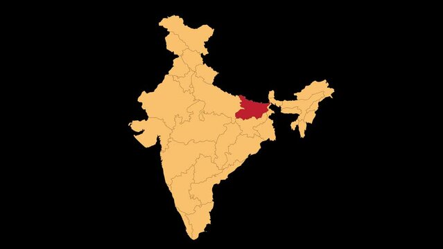 Bihar map animated video. Bihar location in India highlighted colour with transparent background in video format. Map animation video.