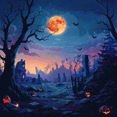 Spooky Graveyard at Night - obrazy, fototapety, plakaty