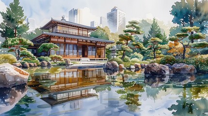 Zen Beauty: Watercolor View of Japanese Garden and Skyscrapers, generative ai