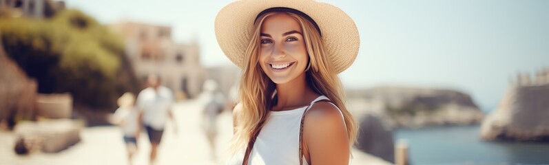 Joyful female tourist capturing moments with blurred background for copy space