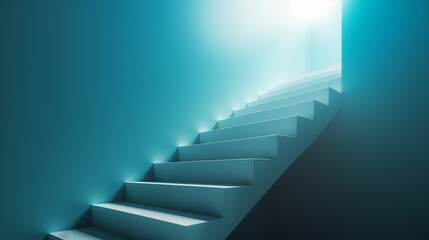 Bright blue staircase with a luminous glow leading upwards in a serene and modern setting