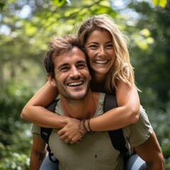 Happy couple in love piggybacking in the woods