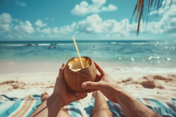 Lounging on a sandy beach towel, soaking up the sun showing hands holding a coconut drink 
