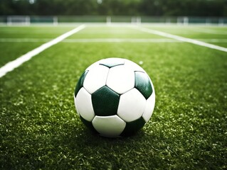 Close-up of soccer ball on green soccer field ground in stadium