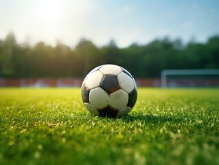 Close-up of soccer ball on green soccer field ground in stadium