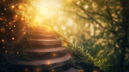 A magical stairway in a verdant forest glows warmly as the sun sets, creating an enchanting atmosphere