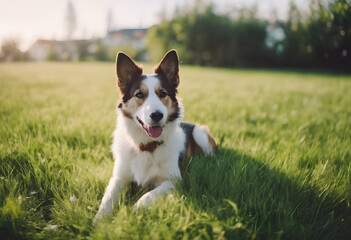 A happy Border Collie lying on green grass in a sunny park, looking at the camera with a joyful expression. International Dog Day.
