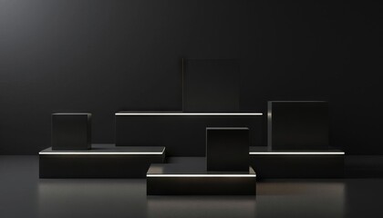 Four display stands, abstract black boxes with light grey design, in the style of stair scenes, layered composition, headup view Angle, black background, rendered in cinema4d, minimalist abstraction,