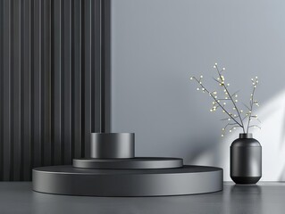 Sleek Black Matte Podium A modern, minimalist podium with a matte black finish, perfect for highlighting vibrant or metallic objects. up32K HD