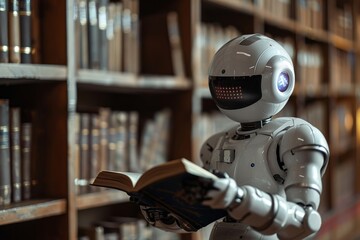 Fototapeta premium Cyborg humanoid reading a book, training artificial intelligence