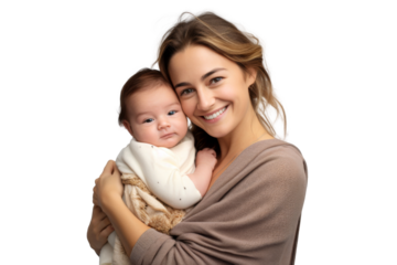 Portrait of mom holding baby with her arms isolated on transparent png background, love moment, newborn sleeping tenderly in arms, cute little infant.