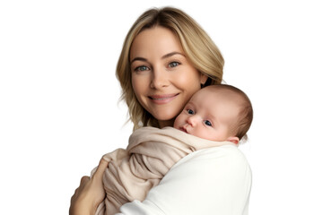 Portrait of mom holding baby with her arms isolated on transparent png background, love moment, newborn sleeping tenderly in arms, cute little infant.