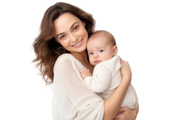 Portrait of mom holding baby with her arms isolated on transparent png background, love moment, newborn sleeping tenderly in arms, cute little infant.