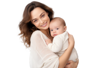 Portrait of mom holding baby with her arms isolated on transparent png background, love moment, newborn sleeping tenderly in arms, cute little infant.