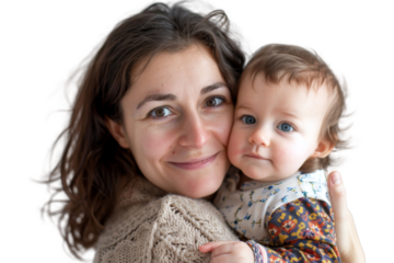 Portrait of mom holding baby with her arms isolated on transparent png background, love moment, newborn sleeping tenderly in arms, cute little infant.