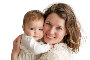 Portrait of mom holding baby with her arms isolated on transparent png background, love moment, newborn sleeping tenderly in arms, cute little infant.